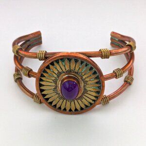 Vintage Signed R. MONTE Navajo Copper Brass Amethyst Cabochon Cuff Bracelet